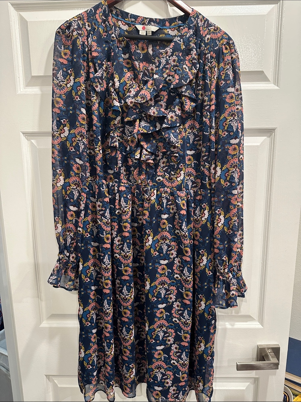 Boden Navy Floral Ruffle-Front Long-Sleeve Dress with Pink and Yellow Accents